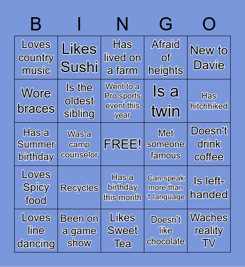 Getting to Know You! Bingo Card