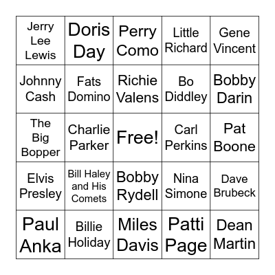 1950's Musical Artists Bingo Card