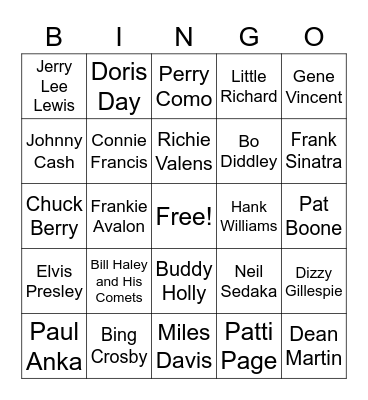 1950's Musical Artists Bingo Card