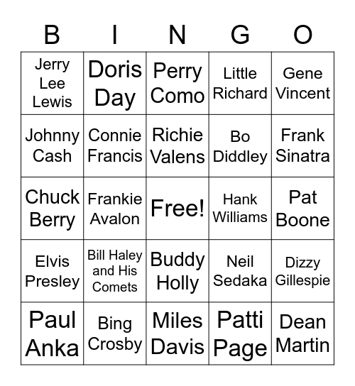 1950's Musical Artists Bingo Card