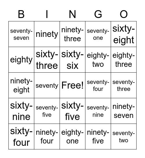Number Words (60-99) Bingo Card