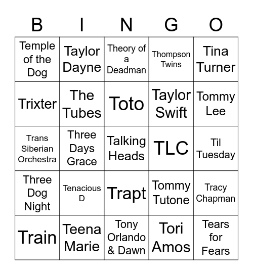 Bands & Singers names that start with a "T" Bingo Card
