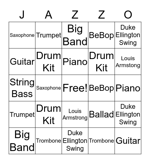 Jazz Instrument Bingo Card