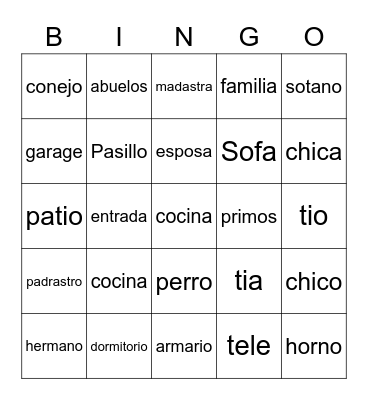 Spanish vocabulary Bingo Card