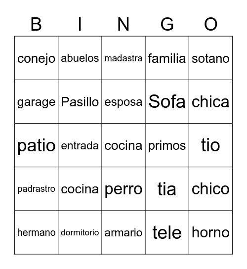 Spanish vocabulary Bingo Card