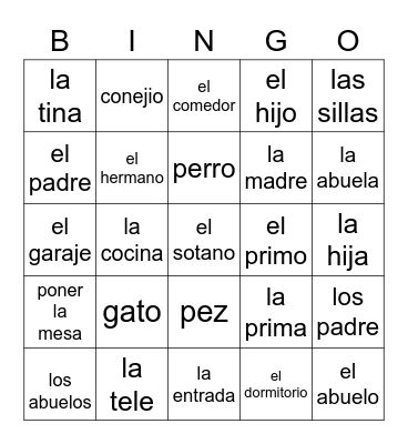 Spanish Vocab Bingo Card