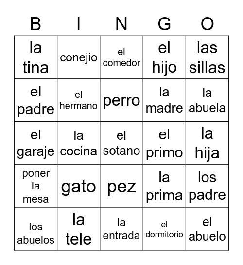 Spanish Vocab Bingo Card