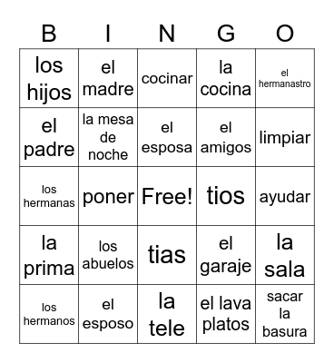 spanish vocab Bingo Card