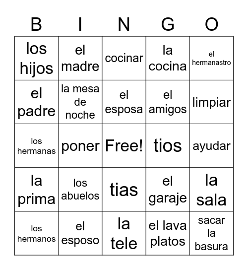 spanish vocab Bingo Card