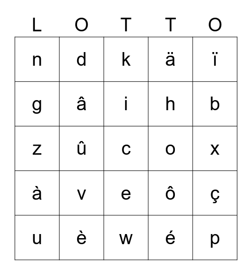 L'alphabet et les accents Bingo Card