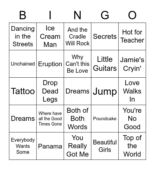 Van Halen Bingo Card