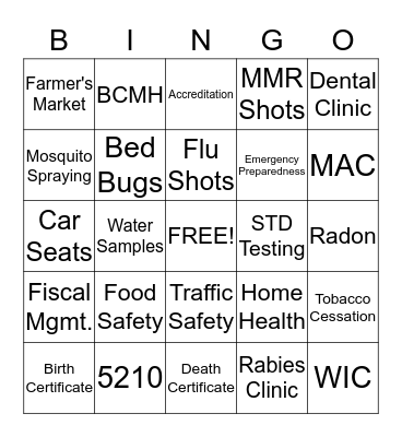 Public Health Bingo Card