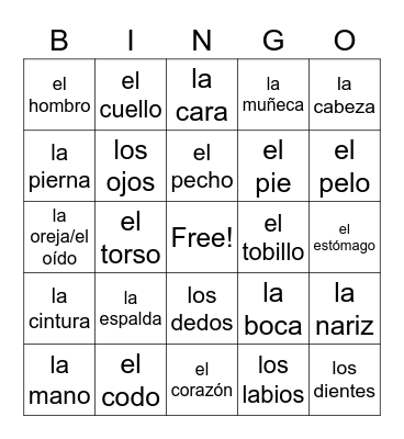 Las partes del cuerpo Bingo Card