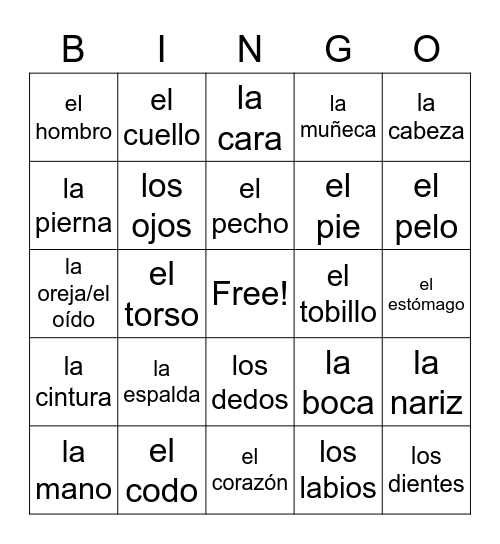 Las partes del cuerpo Bingo Card