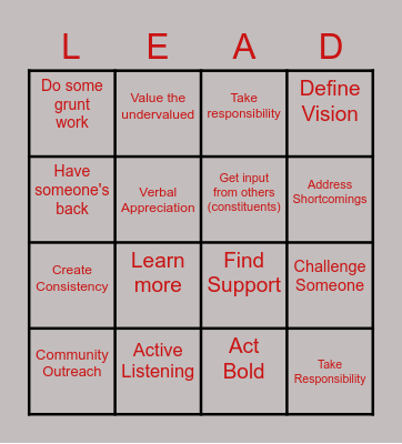 Leadership Development Bingo Card