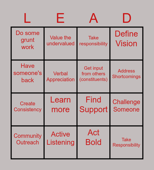 Leadership Development Bingo Card