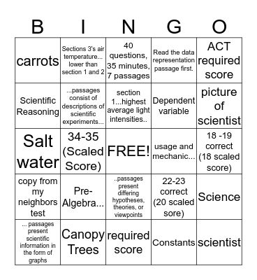 ACT SCIENCE Bingo Card