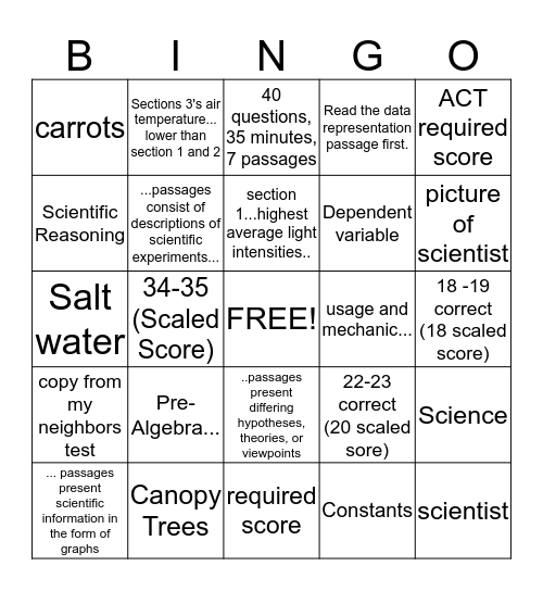 ACT SCIENCE Bingo Card