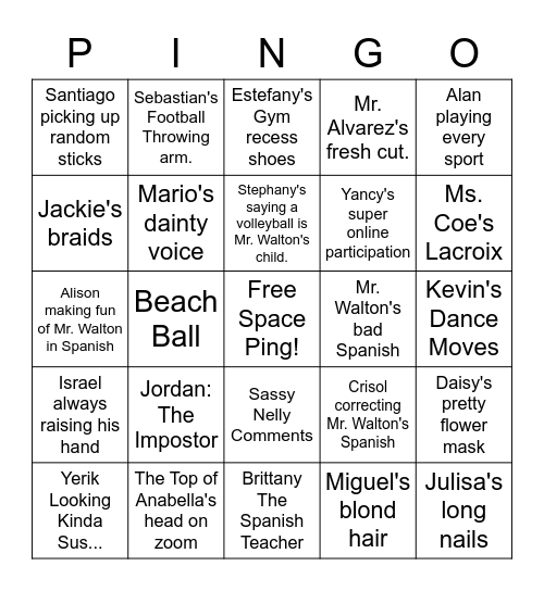 San Miguel 6th Grade Ping-o! Bingo Card