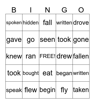 Irregular Verbs  Bingo Card