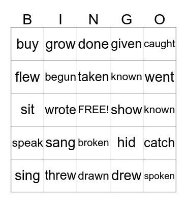 Irregular Verbs Bingo Card