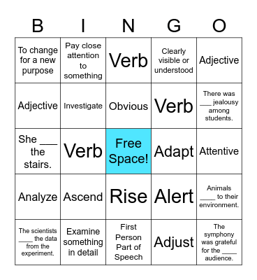 A Words Vocabulary Bingo Card
