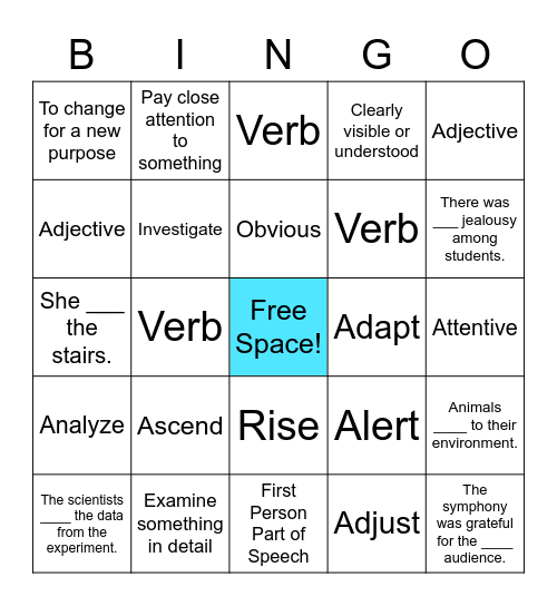 A Words Vocabulary Bingo Card