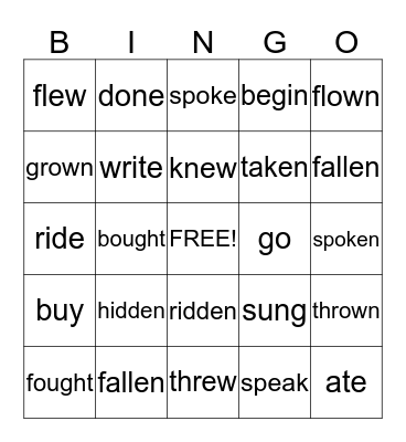 Irregular Verbs Bingo Card