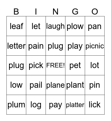 P L and PL Words Bingo Card