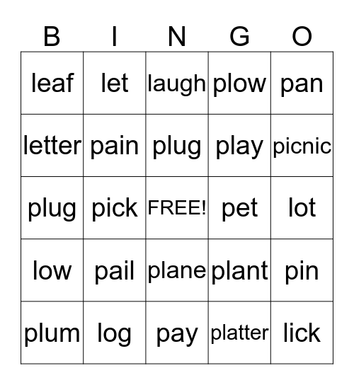 P L and PL Words Bingo Card