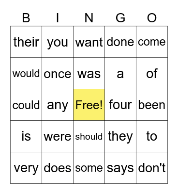 Sight Words Bingo Card