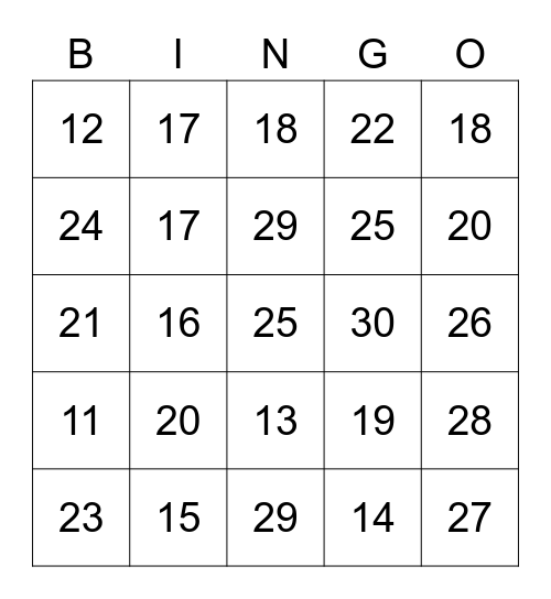 Number Identification Bingo Card