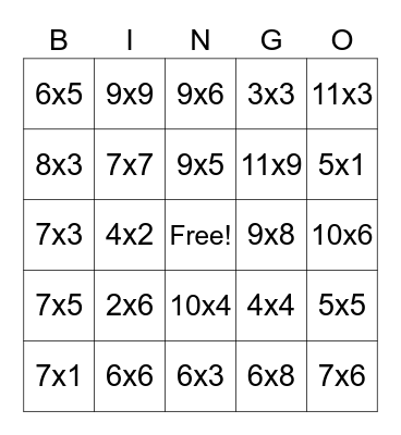 Multiplication Bingo Card