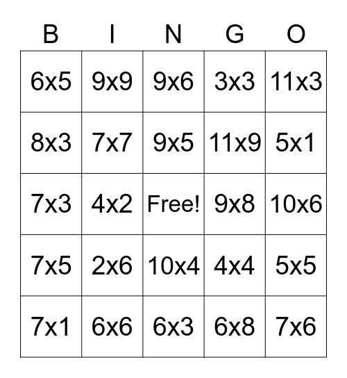 Multiplication Bingo Card