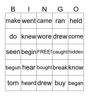 Irregular Verbs Bingo Card
