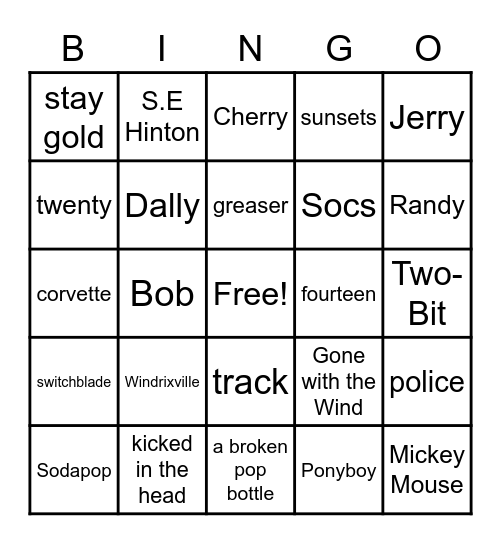 The Outsiders Bingo Card