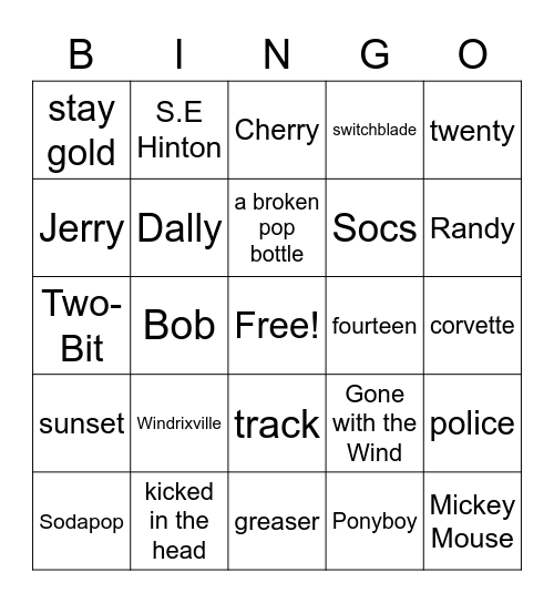 The Outsiders Bingo Card