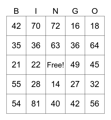 Multiplication Bingo Card