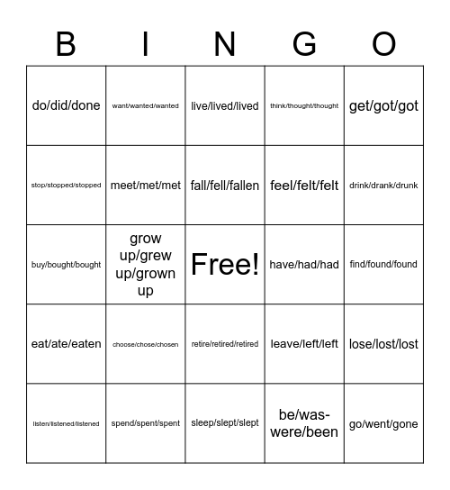 Verbs (past) Bingo Card