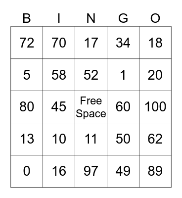 Number Bingo Card