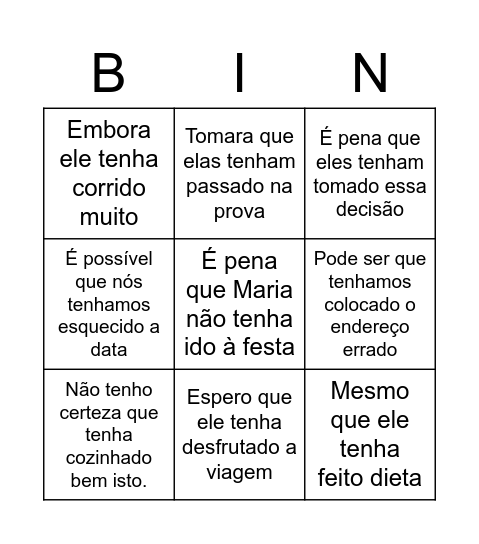 Bingo PP do Subjuntivo Bingo Card