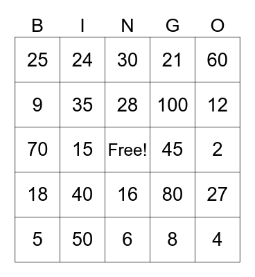 Multiplication Bingo Card