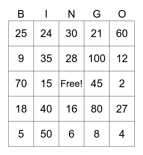 Multiplication Bingo Card