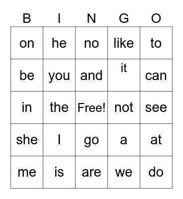 Sight Words Bingo Card