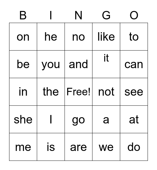 Sight Words Bingo Card