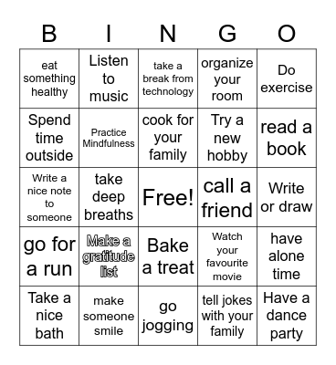 Self- care Bingo Card