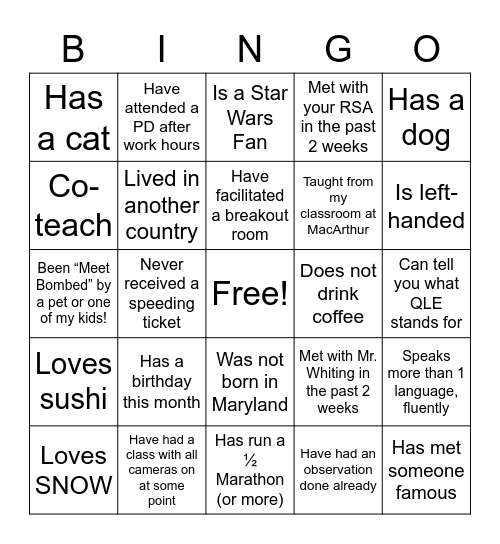 RSA Bingo Card