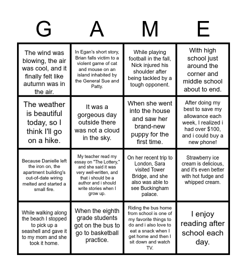 Sentence Types Bingo Card