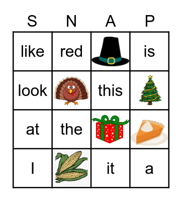 Holiday Snap Word BINGO Card