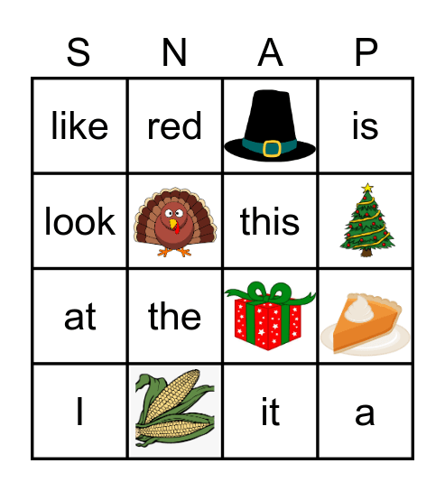 Holiday Snap Word BINGO Card